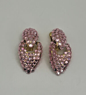 Bold Sparkling Gold Tone Pink Rhinestone Door Knocker Clip On Earrings